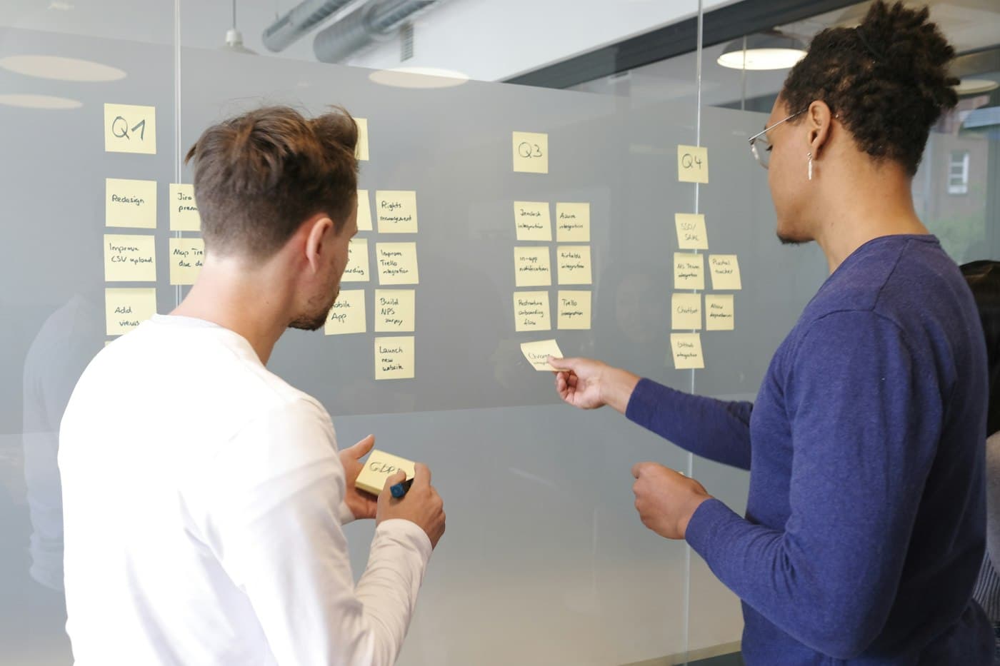 Two people planning a venture together on a wall of sticky notes