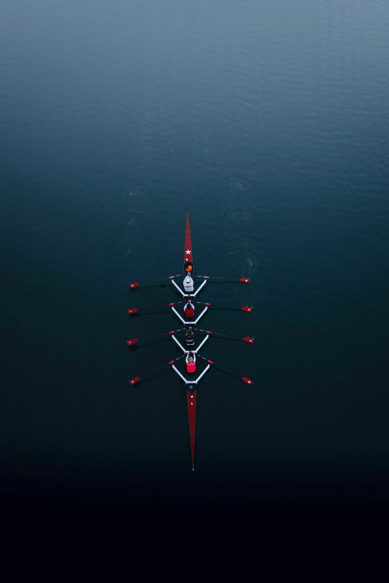 Seen from above, a full rowing crew moving together in a narrow boat